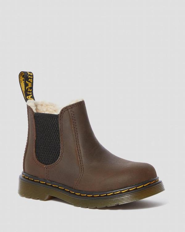 Dr Martens Dětské Chelsea Boty Toddler Fur-lined 2976 Leonore Tmavě Hnědé, CZ-475129